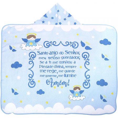 Toalha de Banho Anjinho da Guarda Azul 70 cm x 90 cm com Capuz e Forro de Fralda Estampa Localizada