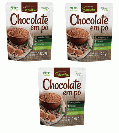 Kit com 3 Chocolate em pó Stevita caixa 120 g