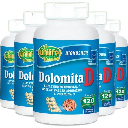 Kit 5 Dolomita com vitamina D Unilife 120 cápsulas