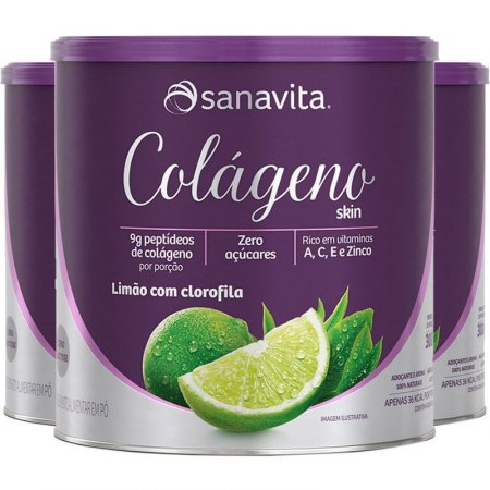 Kit 3 Colágeno Hidrolisado Em Pó Limão + Clorofila Sanavita 300g