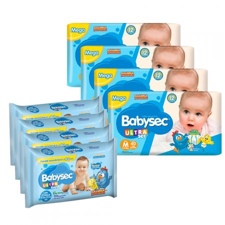 Kit 160 Fraldas Babysec Ultrasec M E 368 Lenços Umedecidos