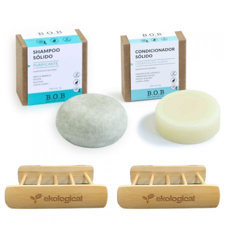Kit Shampoo Purificante e Condicionador em Barra Hidratação Suave e Saboneteiras de Bambu