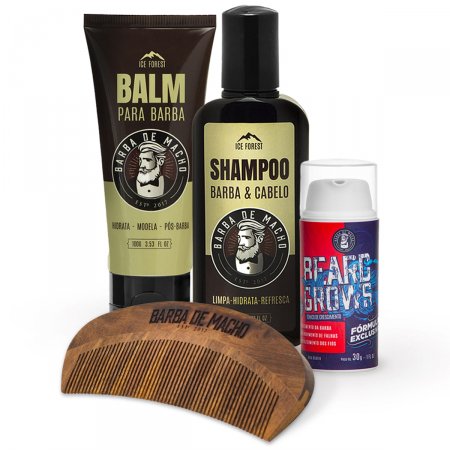 Kit Barba de Macho Shampoo Balm Tônico Fortalece e Aumenta a Barba + Pente Para Bigode