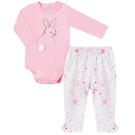 Body longo c/ Calça (Mijão) para bebê em suedine Coelhinha - Pingo Lelê PL66865 BODY ML E CALÇA COELHINHA ROSA-P