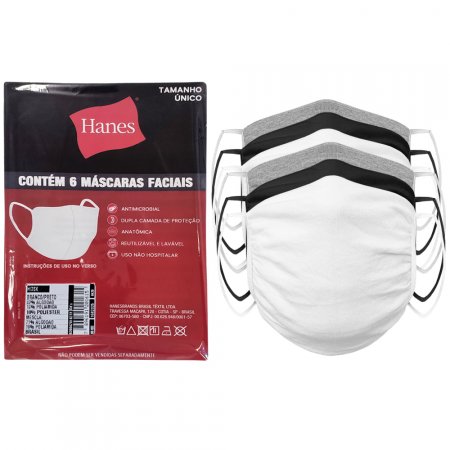 Kit com 06 Máscaras Hanes Algodão HMSK Branca/Preto/Mescla Único