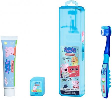 Kit Escova Dental Azul Peppa Pig Escova + Fio Dental + Gel Dental + Estojo DentalClean