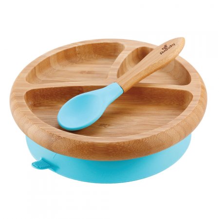 Prato Bambu com Divisória, Ventosa e Colher Azul Avanchy