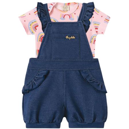 Jardineira c/ Body curto para bebê em suedine Rainbow - Pingo Lelê PL66991 JARDINEIRA C/ BODY MANGA CURTA ARCO ÍRIS-G