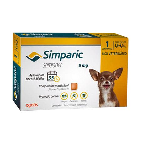 Simparic 5mg Zoetis 1 comp Antipulgas Cães 1,3 a 2,5kg