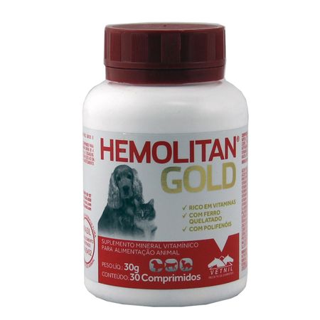 Hemolitan Gold 30 comprimidos Vetnil Suplemento Cães Gatos