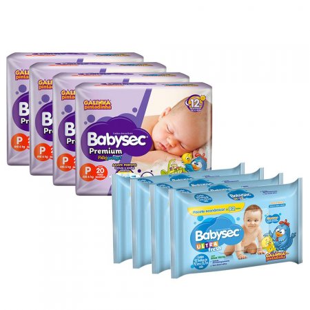 Kit 80 Fraldas Babysec Premium P E 368 Lenços Umedecidos