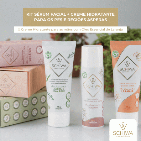 KIT COMPRE GANHE SCHIWA COSMÉTICOS (COMPRE O SÉRUM FACIAL + CREME DE REGIÕES ÁSPERAS E GANHE CREME HIDRATANTE PARA AS MÃOS LARANJA).