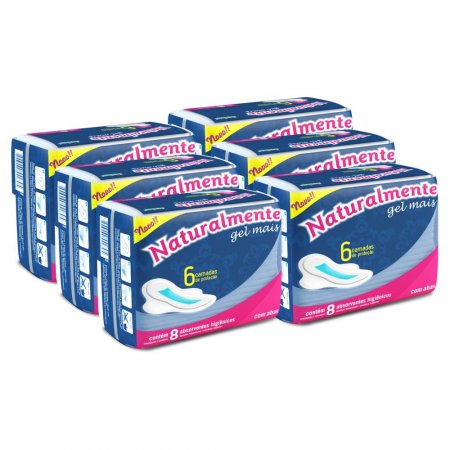 6 pacotes Absorvente Naturalmente Gel Mais com abas 8 un.