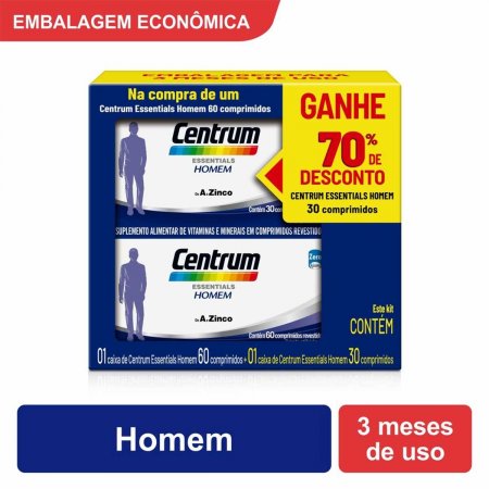 Kit Suplemento Vitamínico com 1 caixa de Centrum Essentials Homem de 60 comprimidos + 1 caixa de Centrum Essentials Homem com 30 comprimidos