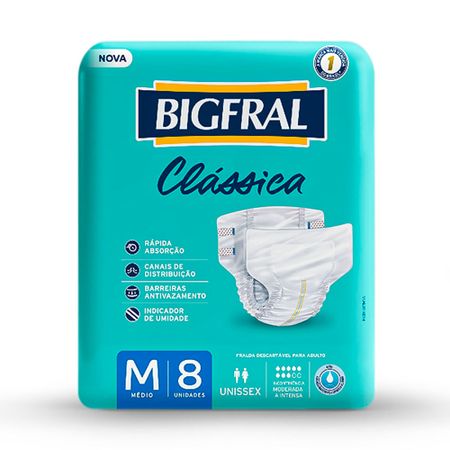 Fralda Geriátrica Bigfral Clássica - Tamanho M - 8 Unidades