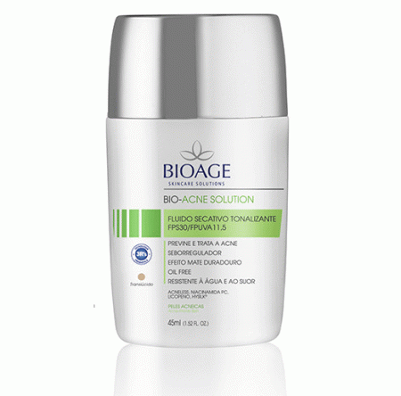 Fluido Secativo Tonalizante Bioage Bio Acne Solution FPS 30 45ml - 002 Traslucido