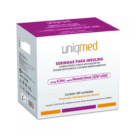 Seringas com agulha 32G para insulina - botox - 0,3ml 5x0,23 (blister individual pack) - UMI-FIS017 - UNIQMED