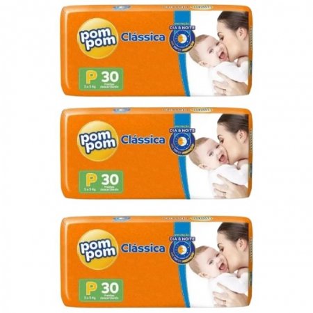 KIT C/90 FRALDAS DESCARTÁVEIS INFANTIL POM POM TAMANHO P - 3 PACOTES C/ 30 CADA