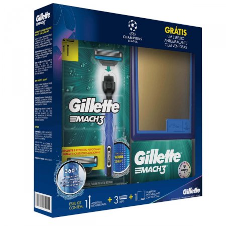 Kit Aparelho de Barbear Gillette Mach 3 Acqua Grip + 3 Refis + 1 Espelho