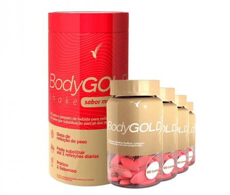 Kit 4 Body Gold 60 Cápsulas + 1 Body Gold Shake Morango 400g