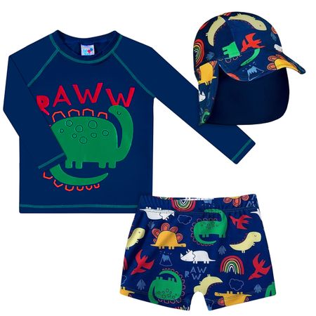 Conjunto de banho Dino: Camiseta Surfista + Boné + Shorts - Tip Top 1535107 TRIO PRAIA BEBE CAMISETA SHORTS E BONE AZUL ROYAL-3