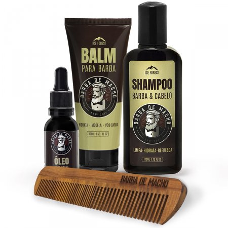 Kit Para Barba Shampoo Balm Óleo Com Pente de Madeira Artesanal