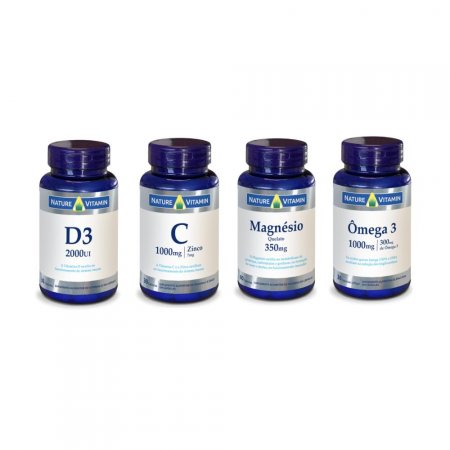 Vitaminas Essenciais - Kit - 1x Vit D3 2000ui + 1x Vit C 1000 + 1 x Magnésio + 1 x Ômega 3