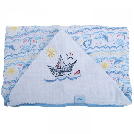 TOALHA SOFT COM CAPUZ DE CENTRO BORDADO BARQUINHOS - 80 CM X 90 CM