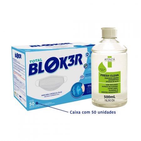 Máscara Descartável Camada Tripla Clip Nasal 50 Unidades BLOK3R + Sabonete Antisséptico 500ml Affinitá