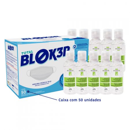 Máscara Descartável 50 Unidades - BLOK3R + 10 Unds Álcool em Gel 110g - Affinitá