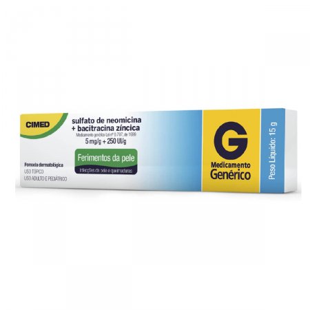 Sulfato de Neomicina 5mg/g + Bacitracina 250ui/g Genérico Cimed 15g Pomada